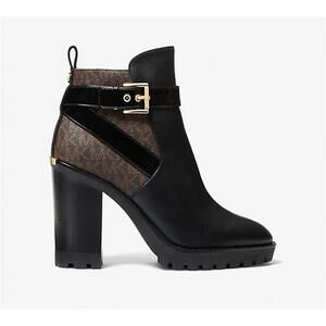 Michael Kors Womans Clancy Boots Signature Brown Logo & Black Booties 9 M NEW